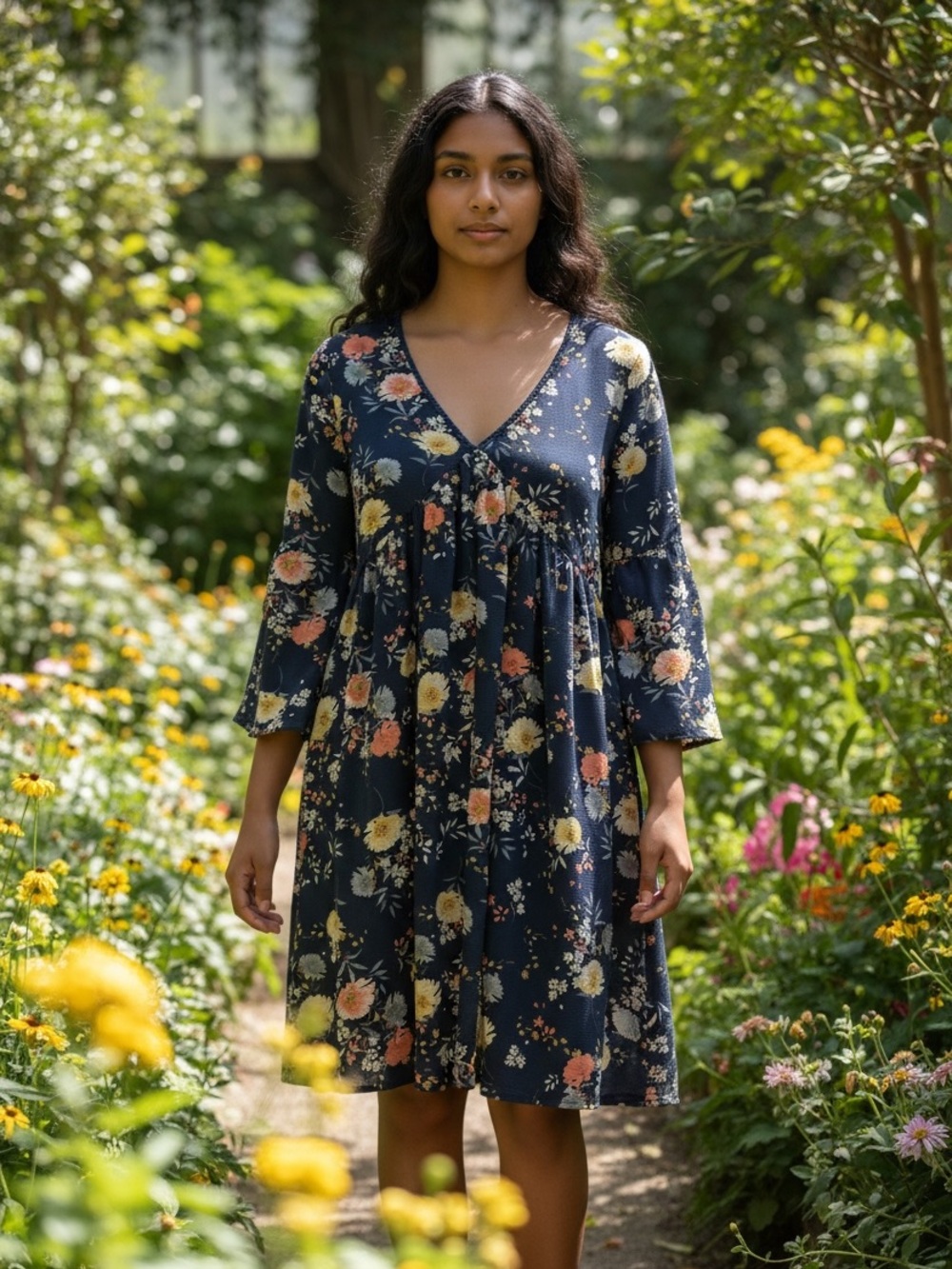 Umgee Navy Floral V-Neck Midi Dress with Peach & Cream Blooms